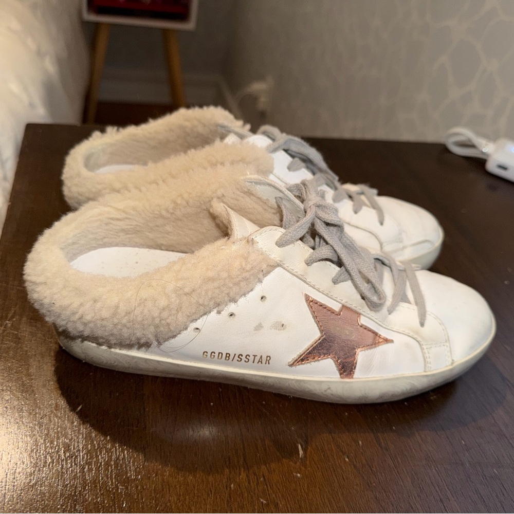 Golden Goose Women White Sneakers with Rose-Gold Star and Shearling
